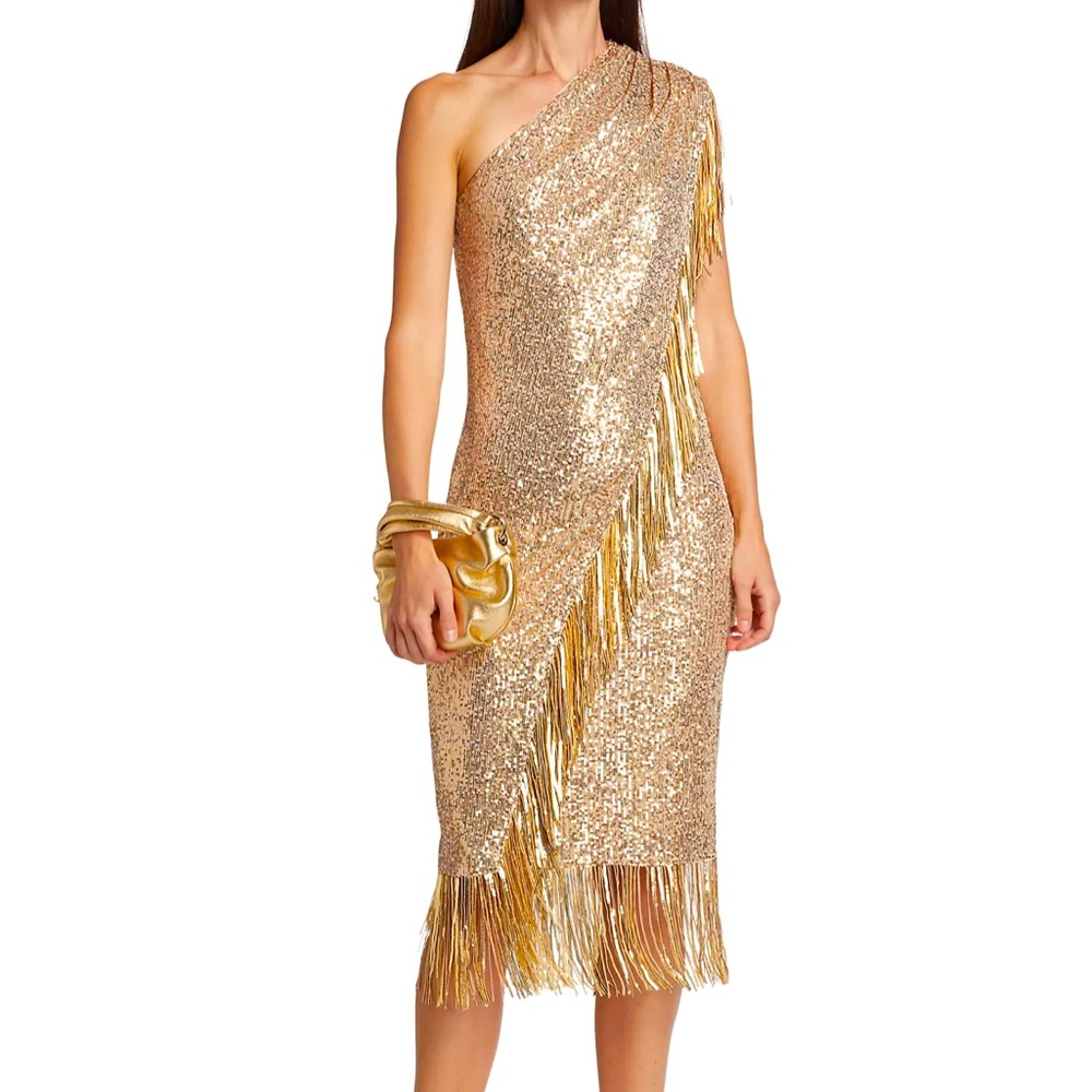 NWOT Badgley Mischka Sequin One Shoulder Dress in Gold